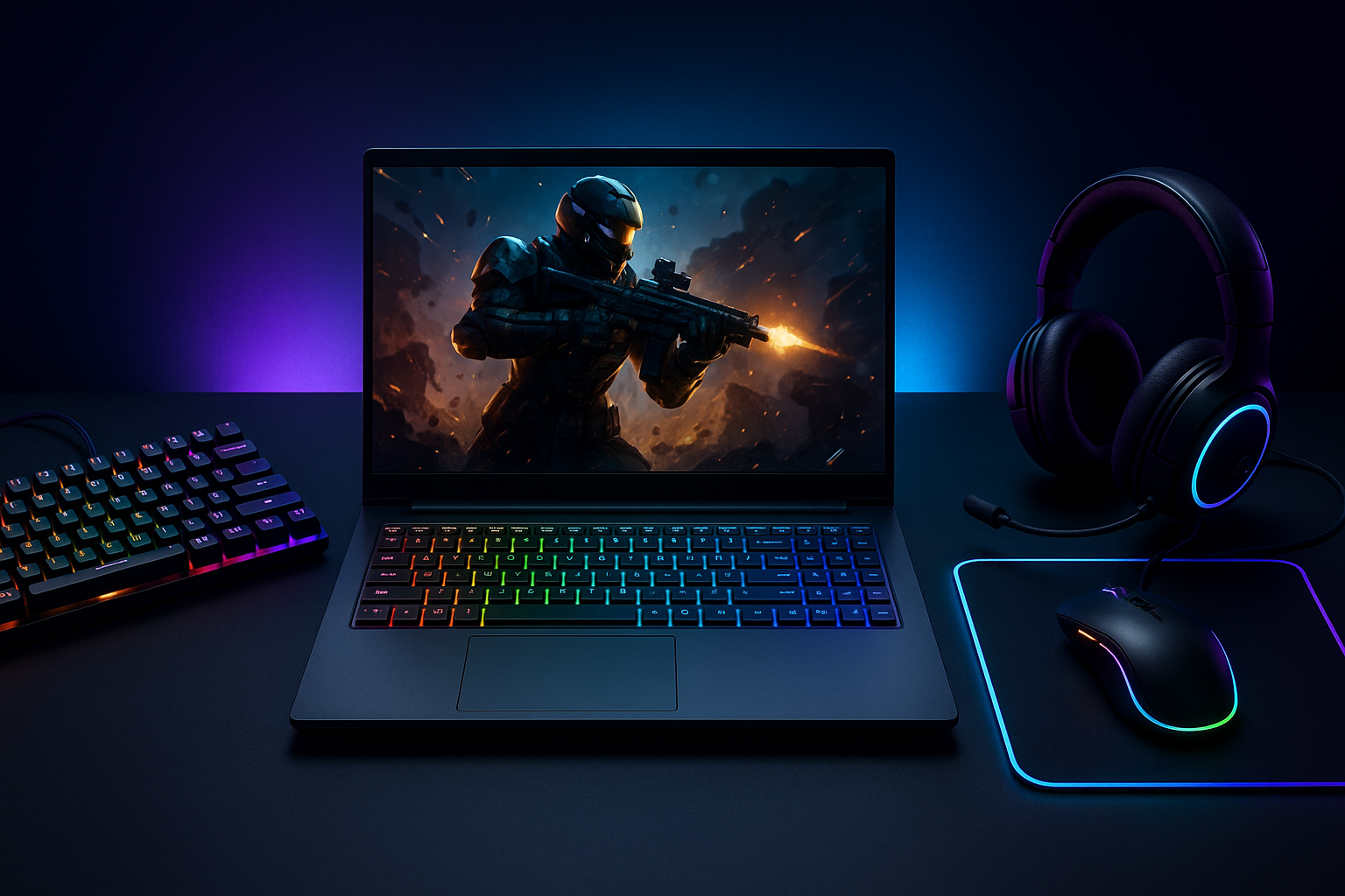 banner style of a gaming laptop with accessories