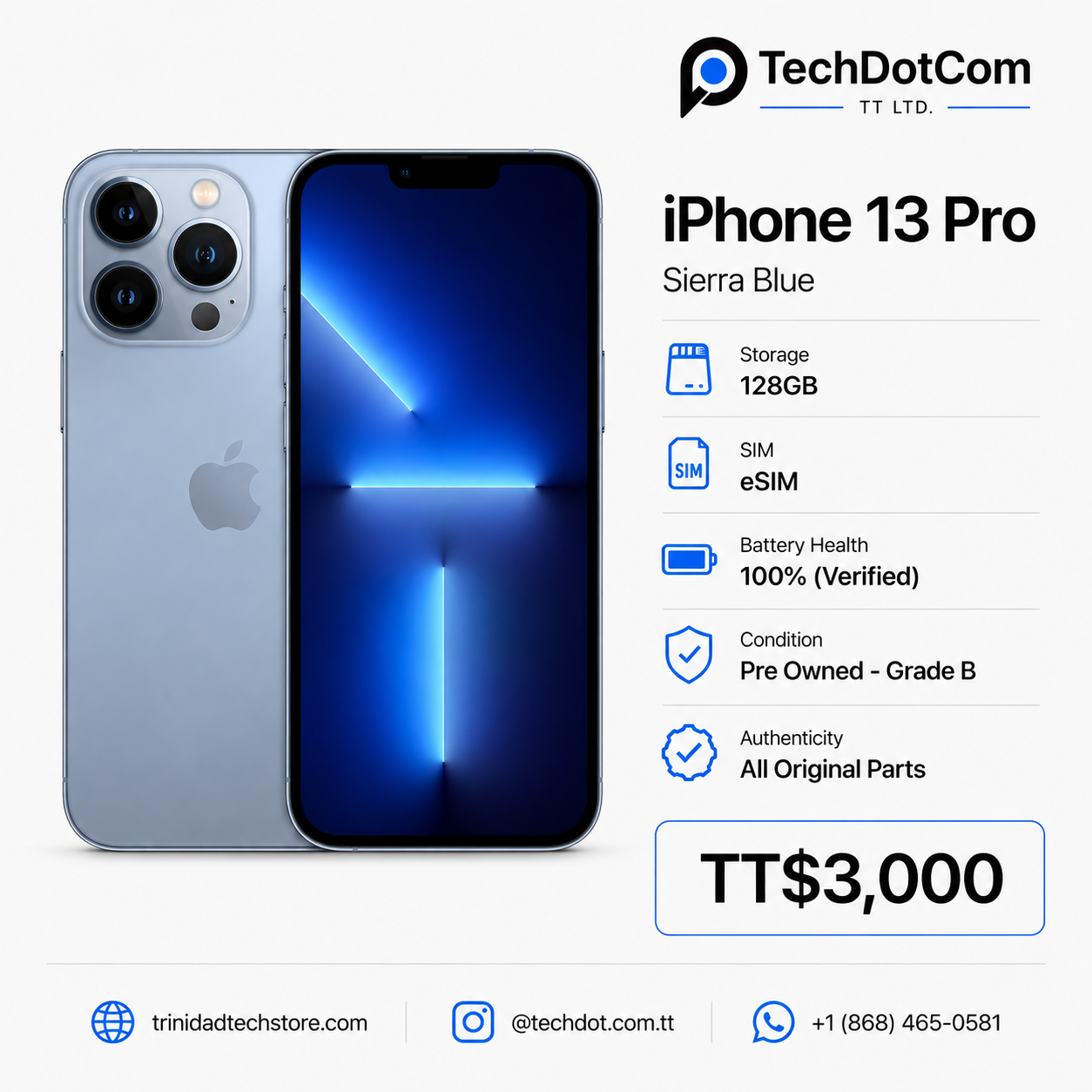 Apple iPhone 13 Pro – Sierra Blue $3000 TTD