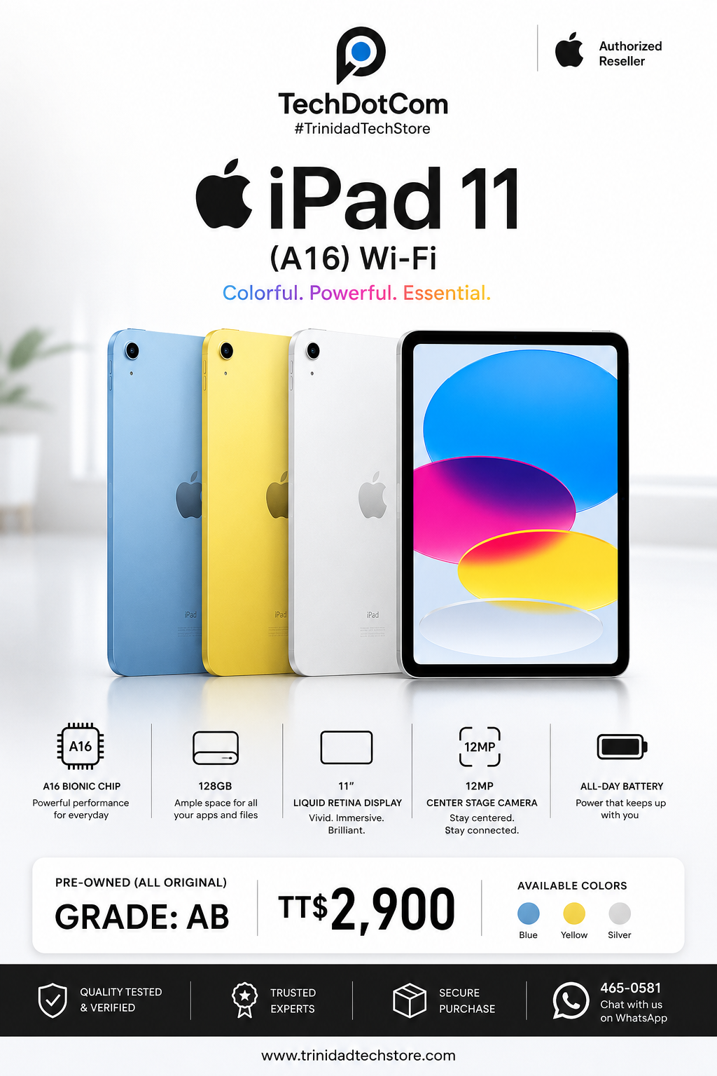 Apple iPad 11 (A16) Wi-Fi – 128GB - $2900 TTD